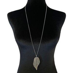 Silver-Tone Long Chain Necklace With Intricate Leaf Pendant